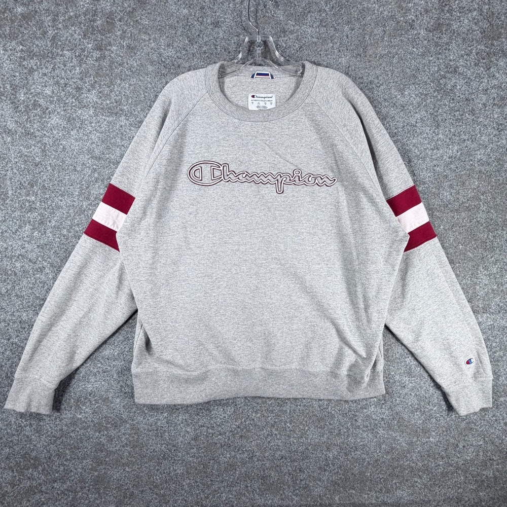 Champion Sweatshirt Mens XL Heather Gray Cotton Fleece Lined Logo Raglan Sleeve